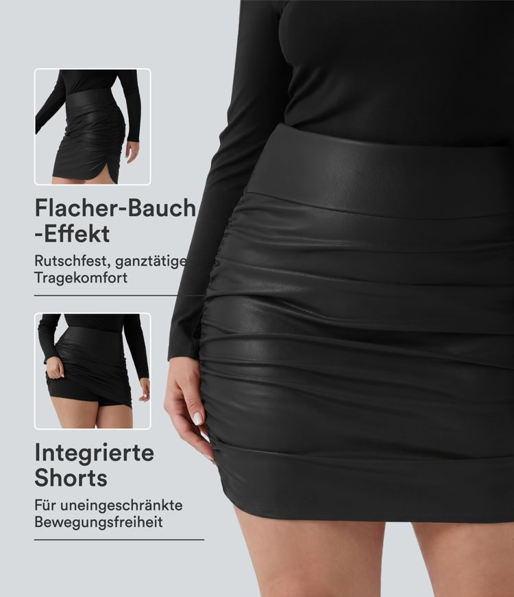 Figurbetonter, geraffter 2-in-1 Minirock aus Fleece-Kunstleder mit hohem Bund, Bauchkontrolle und abgerundetem Saum Plus-Size, extralang