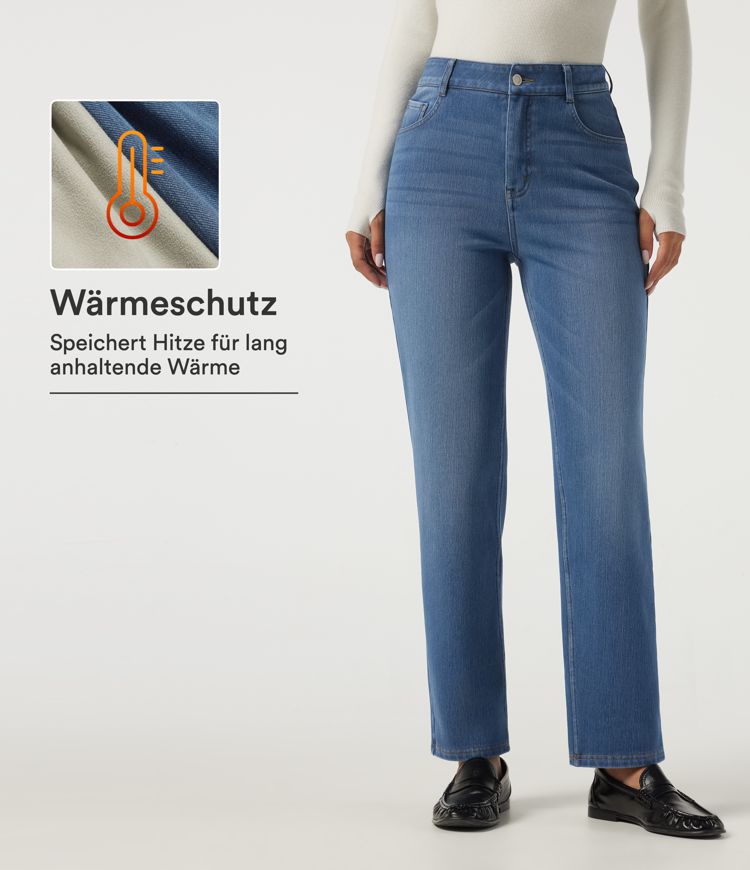 Lässige Fleece-Jeans aus Baumwolle mit hohem Bund, mehreren Taschen und geradem Bein