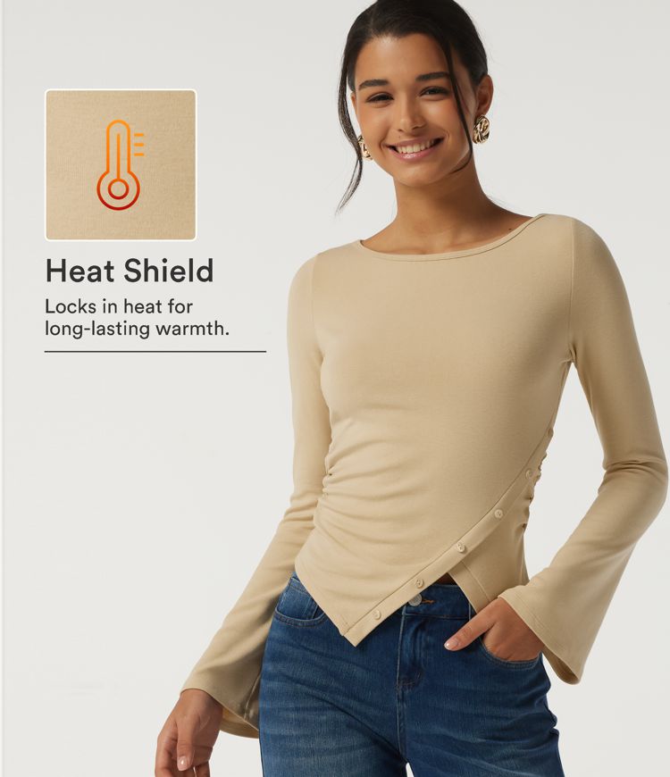 Boat Neck Flounce Long Sleeve Asymmetric Ruched Thermal Casual Top