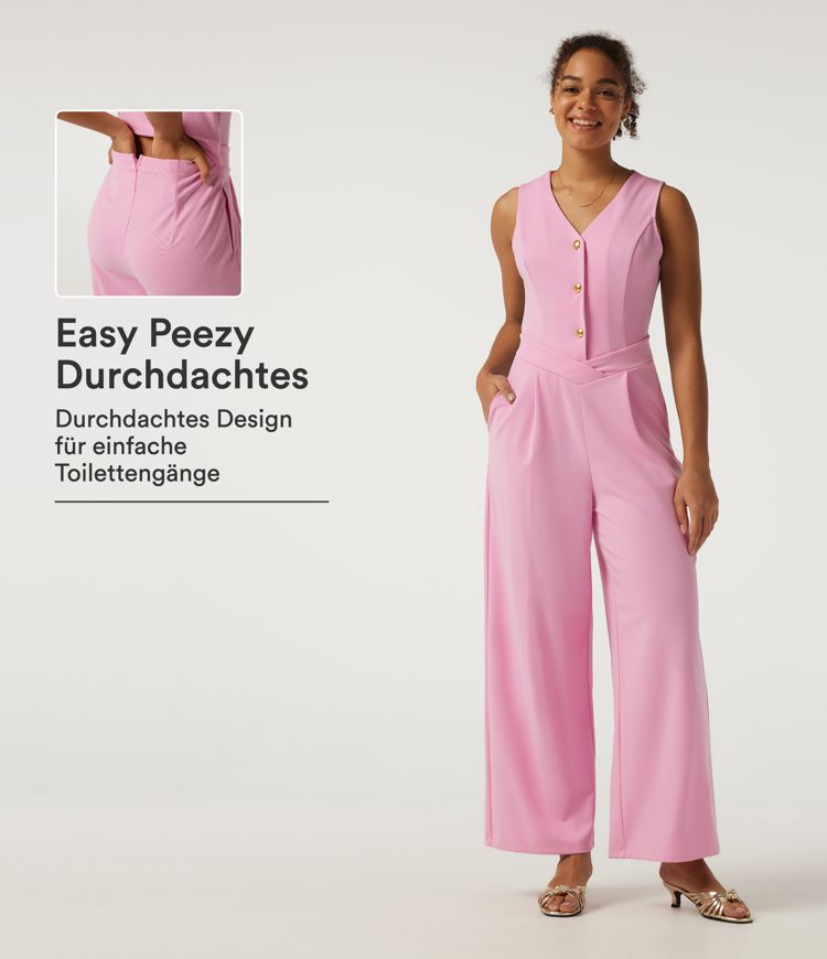 Prism Pink Ärmelloser Jumpsuit mit V-Ausschnitt, Seitentaschen und weitem Bein - Easy Peezy Edition / 1