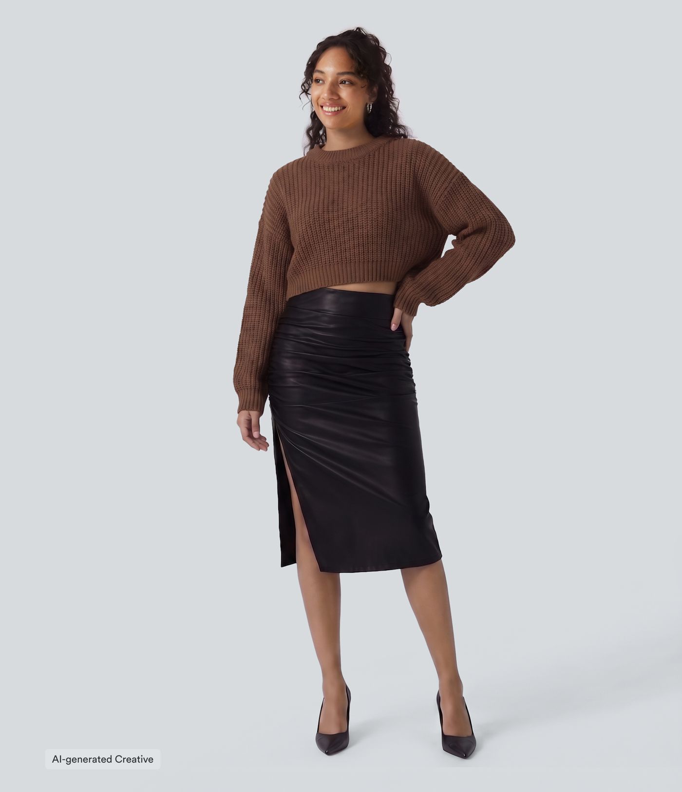 High Waisted Tummy Control Ruched Curved Hem 2-in-1 Fleece PU Midi Casual Skirt High Waisted Tummy Control Ruched Curved Hem 2-in-1 Fleece PU Midi Casual Skirt