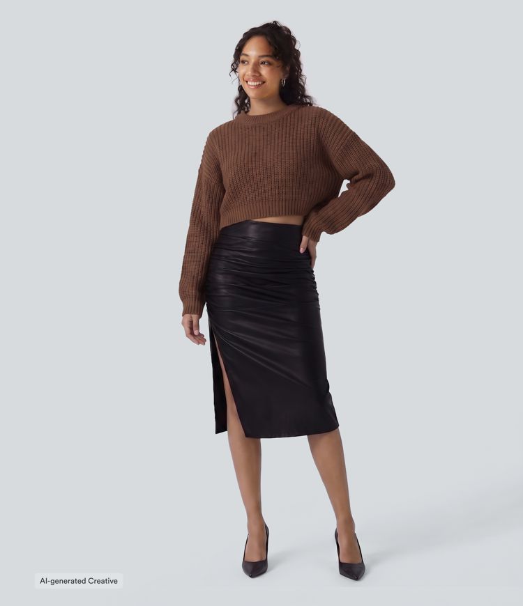 High Waisted Tummy Control Ruched Curved Hem 2-in-1 Fleece PU Midi Casual Skirt High Waisted Tummy Control Ruched Curved Hem 2-in-1 Fleece PU Midi Casual Skirt