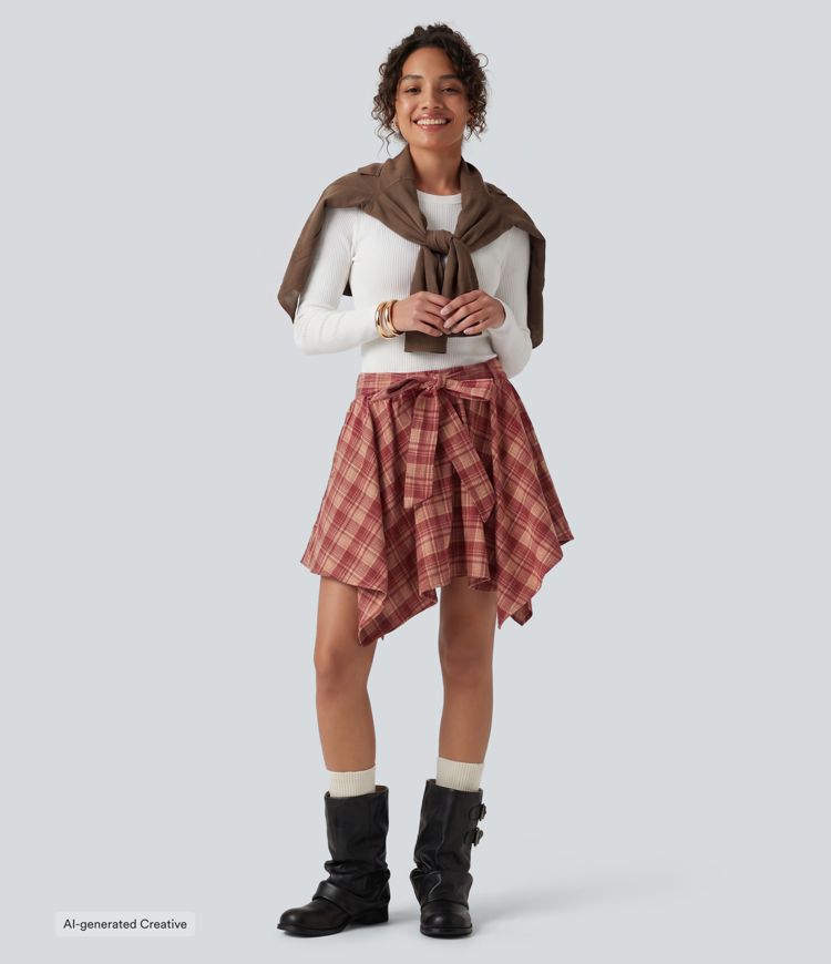 High Waisted Tie Front 2-in-1 Plaid Mini Casual Skirt with Pockets