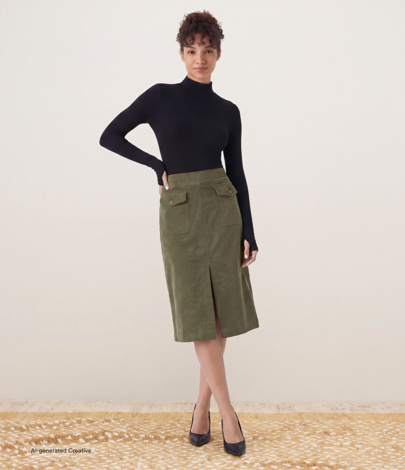 Mid Rise Front Side Flap Pocket Midi Corduroy Casual Skirt Mid Rise Front Side Flap Pocket Midi Corduroy Casual Skirt