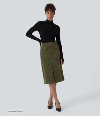 Mid Rise Front Side Flap Pocket Midi Corduroy Casual Skirt Mid Rise Front Side Flap Pocket Midi Corduroy Casual Skirt
