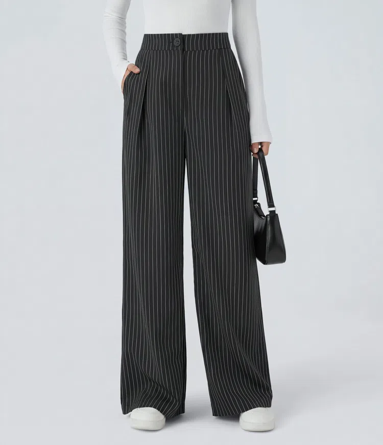 Black High Waisted Zipper Pocket Wide Leg Striped Work Trousers / 1