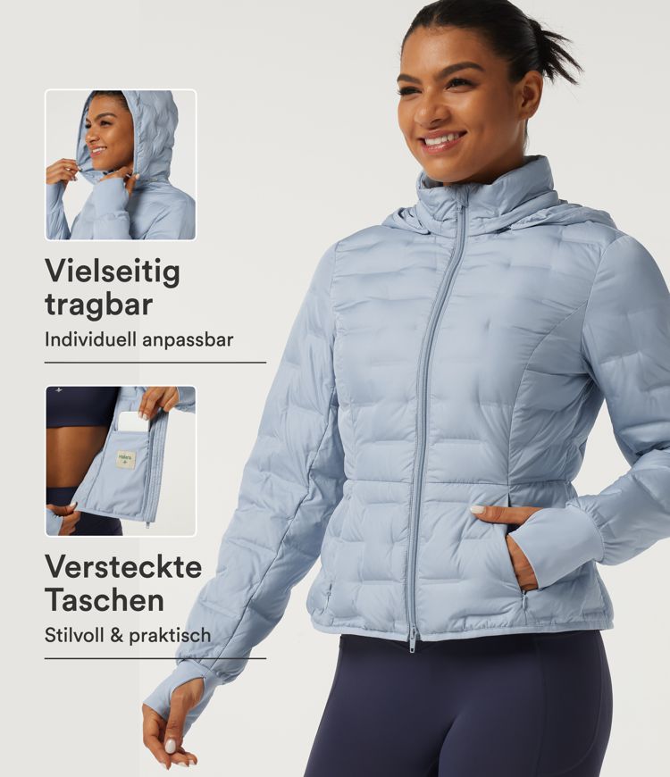Lässige, gesteppte Daunenjacke mit abnehmbarer Kapuze, Seitentaschen, langen Ärmeln und Daumenlöchern
