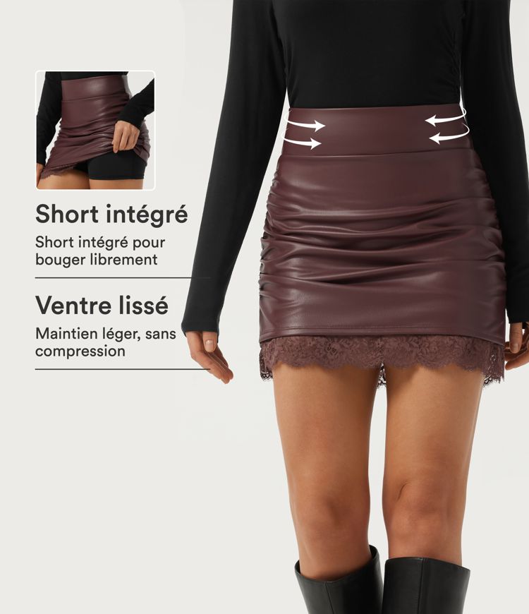 Jupe-short mini moulante en simili doublé polaire, taille haute gainante à fronces et dentelle contrastante
