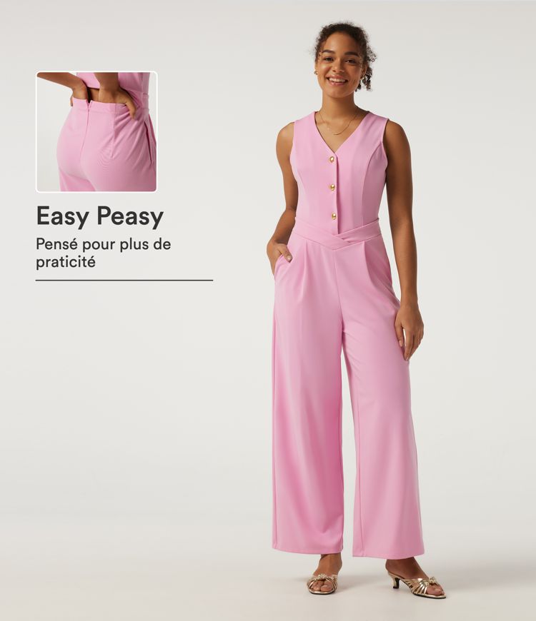 Prism Pink Combinaison de bureau col V sans manches coupe large avec poches – Easy Peezy Edition / 1