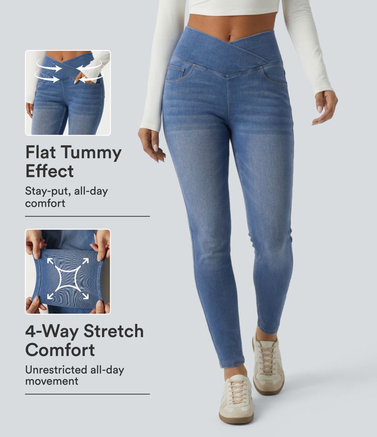 Halara Flex™ High-Waist Skinny-Jeans mit bauchformendem Effekt, Überkreuz-Detail und Taschen