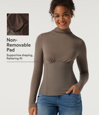 High Neck Long Sleeve Ruched Casual Top with Built-in Bra High Neck Long Sleeve Ruched Casual Top with Built-in Bra