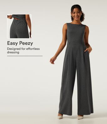 Boat Neck Sleeveless Wide Leg Houndstooth Slim Work Jumpsuits with Pockets -Easy Peezy Edition