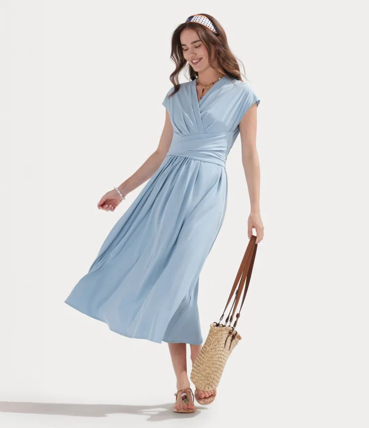 Stone Blue Breezeful™ Robe Mi-Longue Col en V Manches Courtes Poche Latérale Nouée au Dos Séchage Rapide / 2