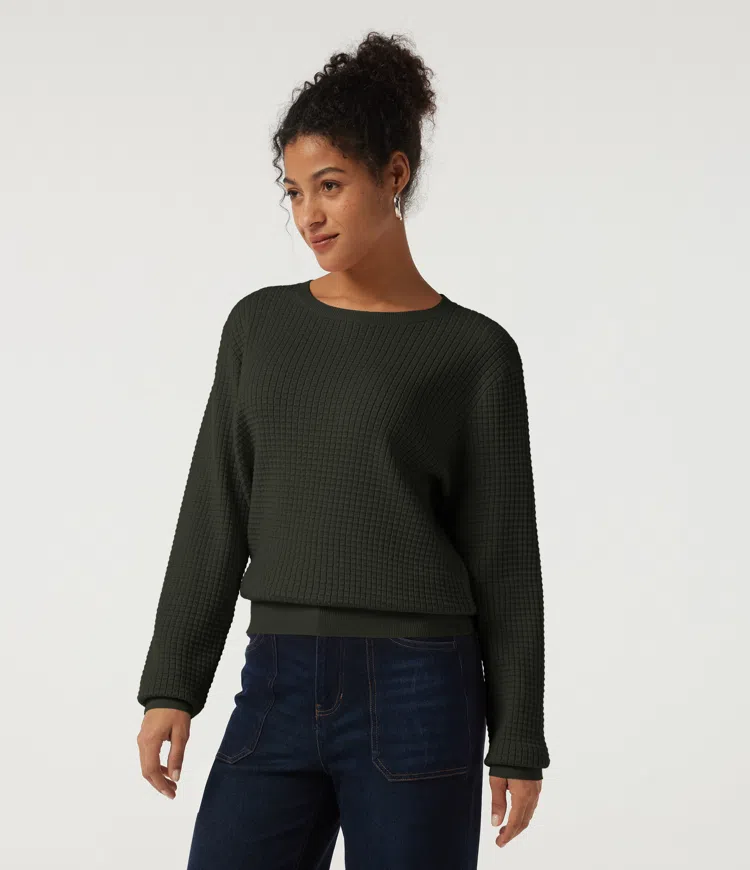 Round Neck Long Sleeve Waffle Casual Jumper
