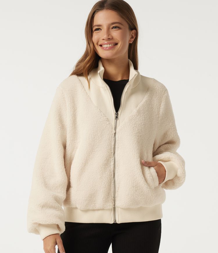 Veste sherpa à col montant et manches longues avec poches