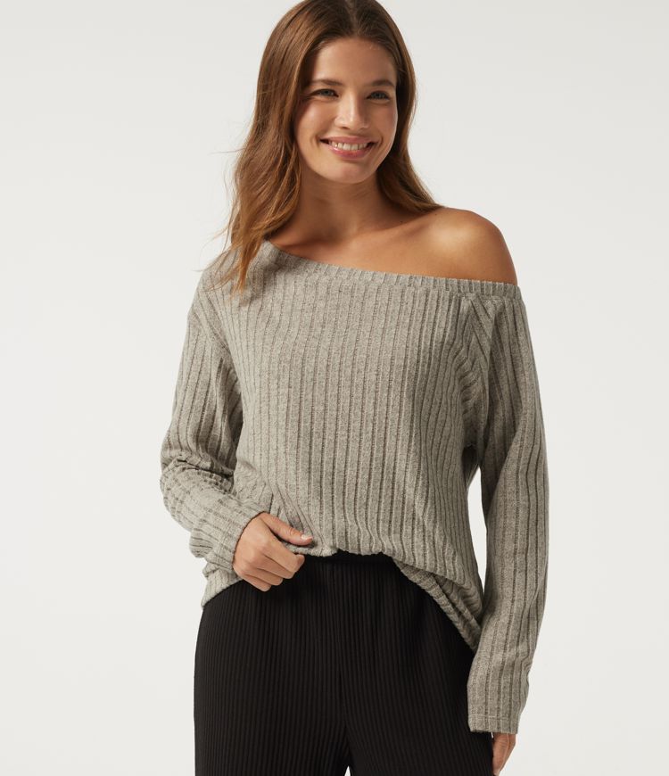 Ribbed Knit One Shoulder Long Sleeve Built-in Bra Asymmetric Lounge Top