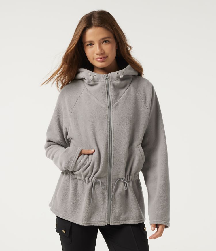 Hooded Long Sleeve Drawstring Curved Hem Fleece Casual Coat with Pockets