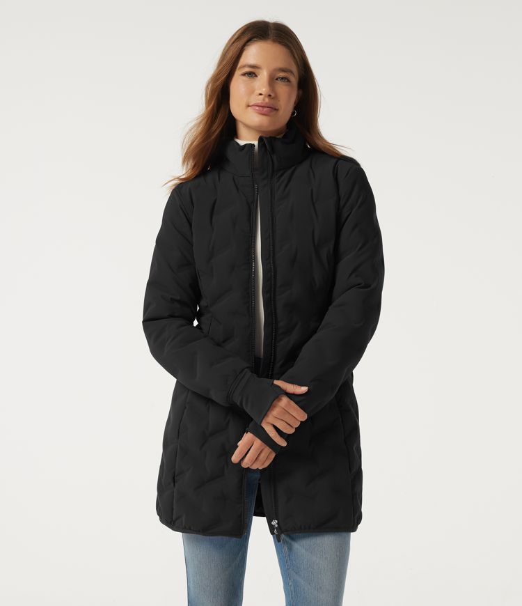 High Neck Longline Quilted Casual Down Jacket with Thumbholes
