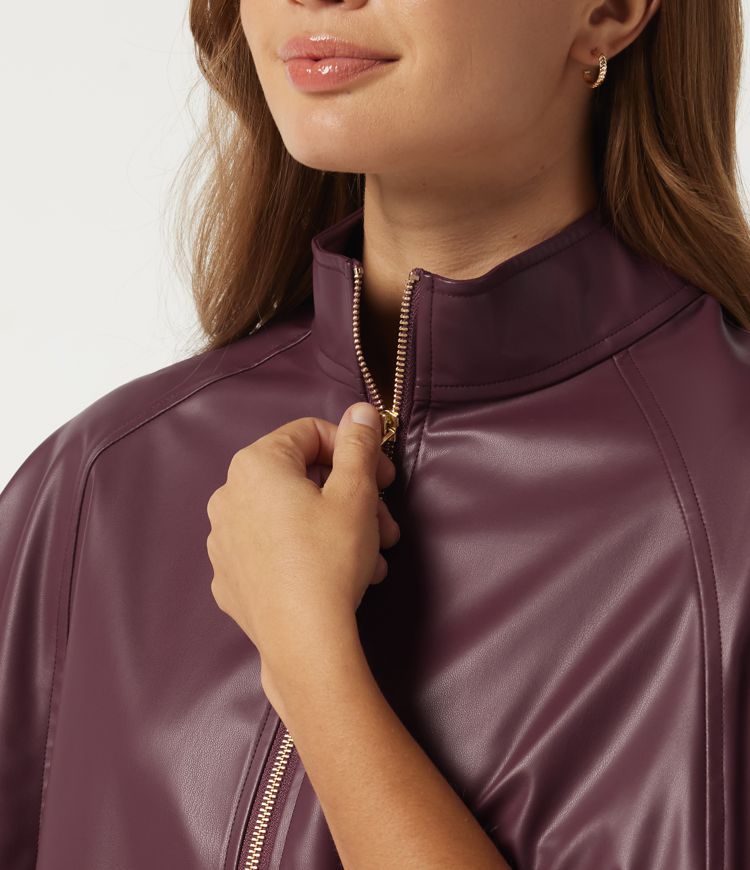 Mock Neck Sleeveless Work Faux Leather Jacket