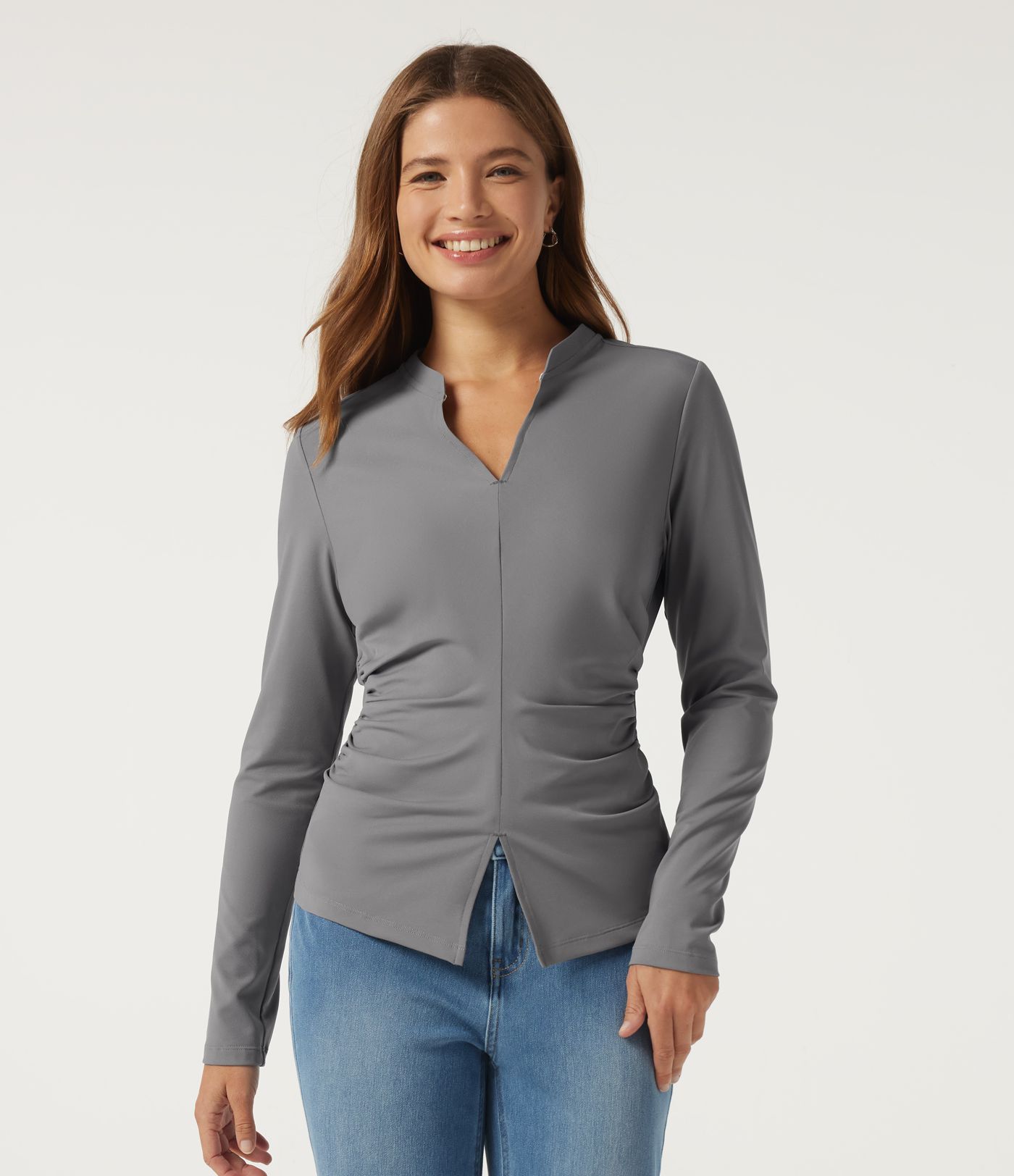 V Neck Long Sleeve Ruched Casual Top