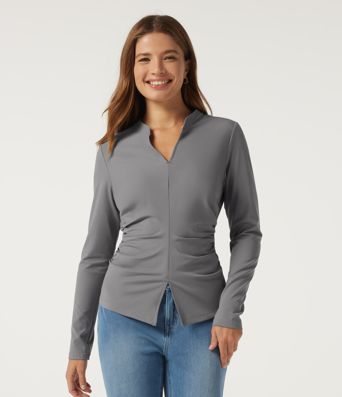 V Neck Long Sleeve Ruched Casual Top