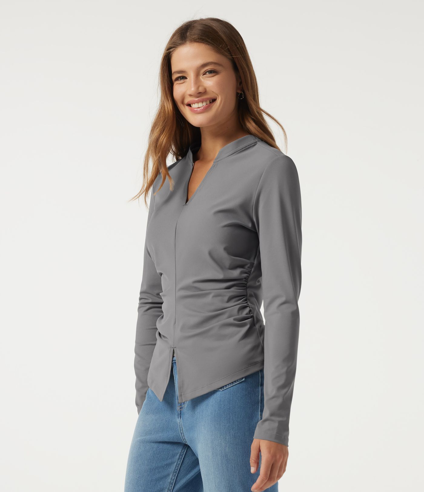 V Neck Long Sleeve Ruched Casual Top