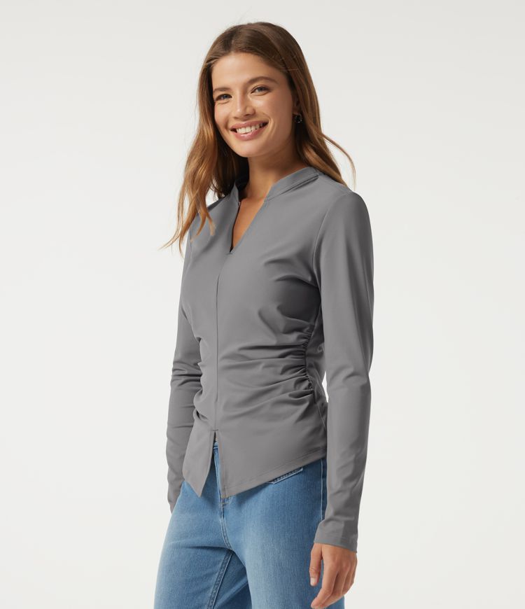 V Neck Long Sleeve Ruched Casual Top