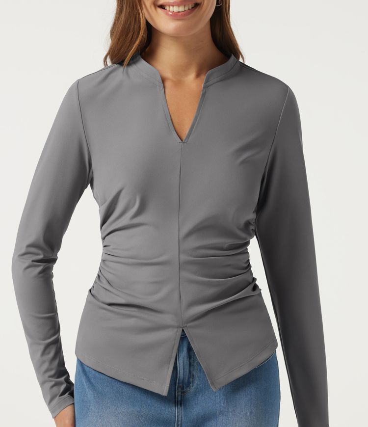 V Neck Long Sleeve Ruched Casual Top