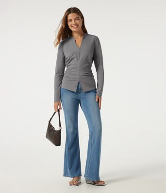 V Neck Long Sleeve Ruched Casual Top