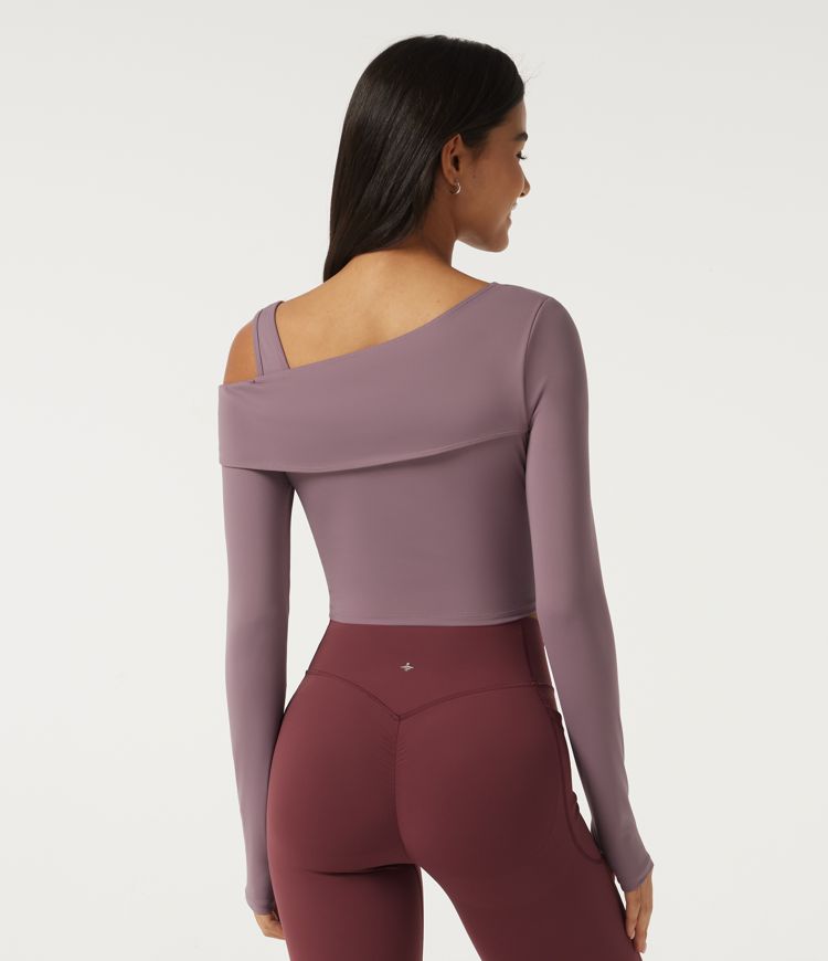 Mauve SoftlyZero™ Plush One Shoulder Long Sleeve Asymmetric Ruched Yoga Sports Top with Thumbholes / 2