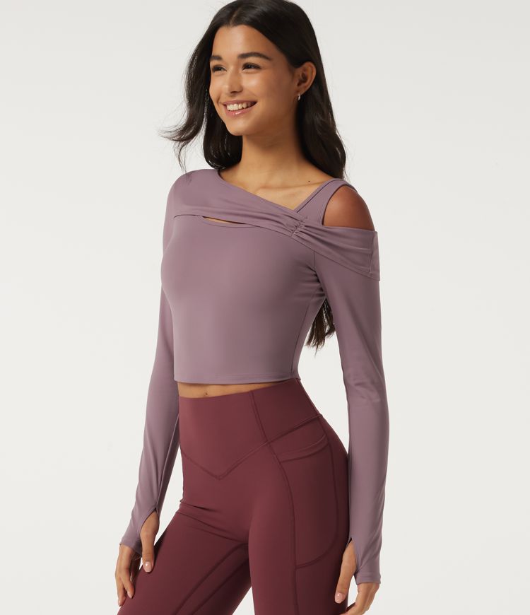 SoftlyZero™ Plush One Shoulder Long Sleeve Asymmetric Ruched Yoga Sports Top with Thumbholes