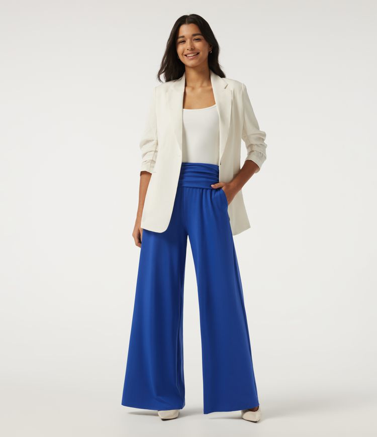 High Waisted Ruched Wide Leg Work Pants with Pockets