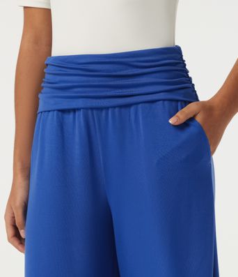 High Waisted Ruched Wide Leg Work Pants with Pockets