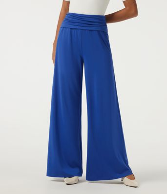 High Waisted Ruched Wide Leg Work Pants with Pockets