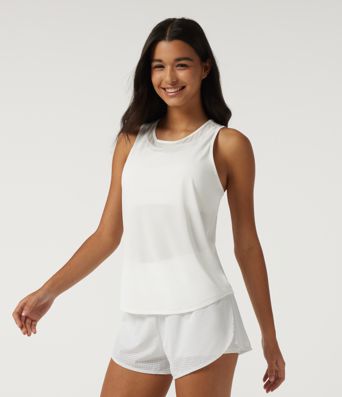 Round Neck Contrast Mesh Backless Curved Hem Quick Dry Running Tank Top