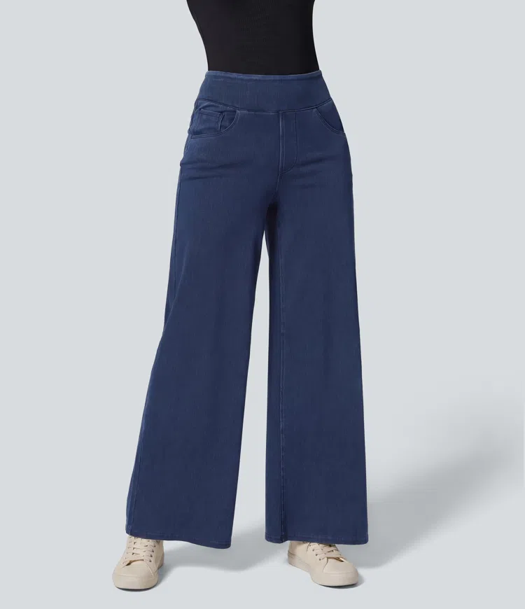 Washed Denim Navy Blue Halara Flex™ Lockere Arbeitsjeans aus elastischem Strick-Denim mit hohem Bund, mehreren Taschen und weitem Bein / 1