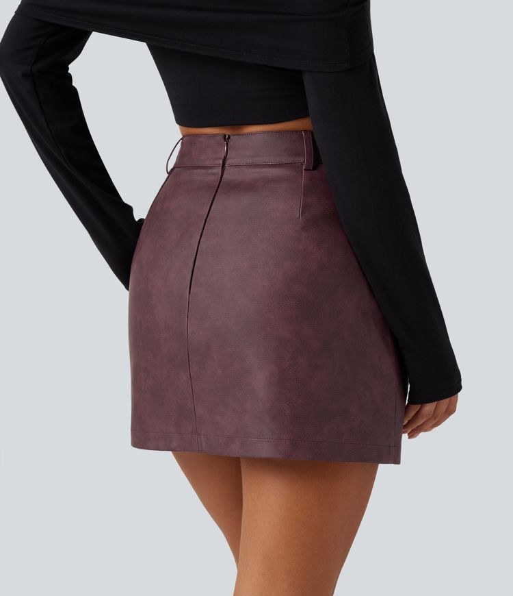 High Waisted A-Line 2-in-1 PU Mini Casual Skirt High Waisted A-Line 2-in-1 PU Mini Casual Skirt