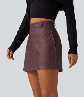 High Waisted A-Line 2-in-1 PU Mini Casual Skirt High Waisted A-Line 2-in-1 PU Mini Casual Skirt