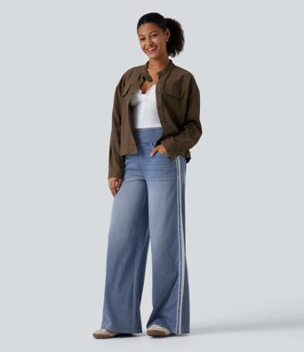 Halara Flex™ High Waisted Wide Leg Contrast Lace Casual Cotton Jeans with Pockets