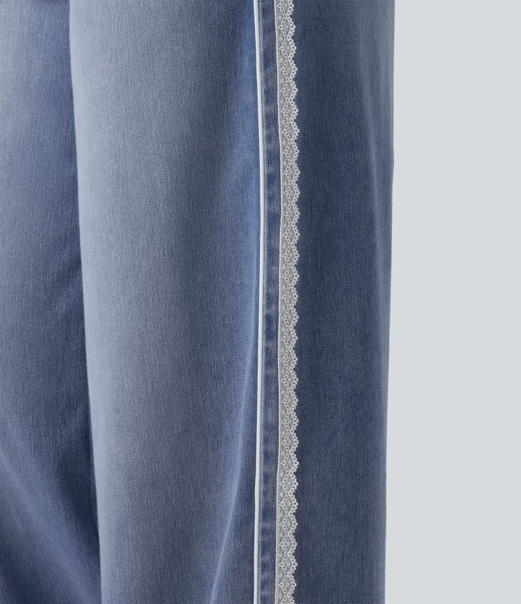 Halara Flex™ High Waisted Wide Leg Contrast Lace Casual Cotton Jeans with Pockets