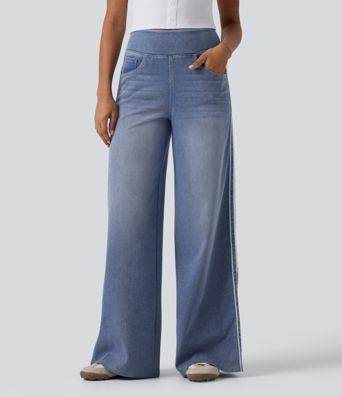Halara Flex™ High Waisted Wide Leg Contrast Lace Casual Cotton Jeans with Pockets