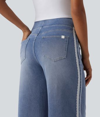 Halara Flex™ High Waisted Wide Leg Contrast Lace Casual Cotton Jeans with Pockets