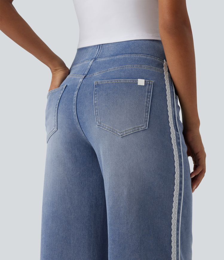 Halara Flex™ High Waisted Wide Leg Contrast Lace Casual Cotton Jeans with Pockets