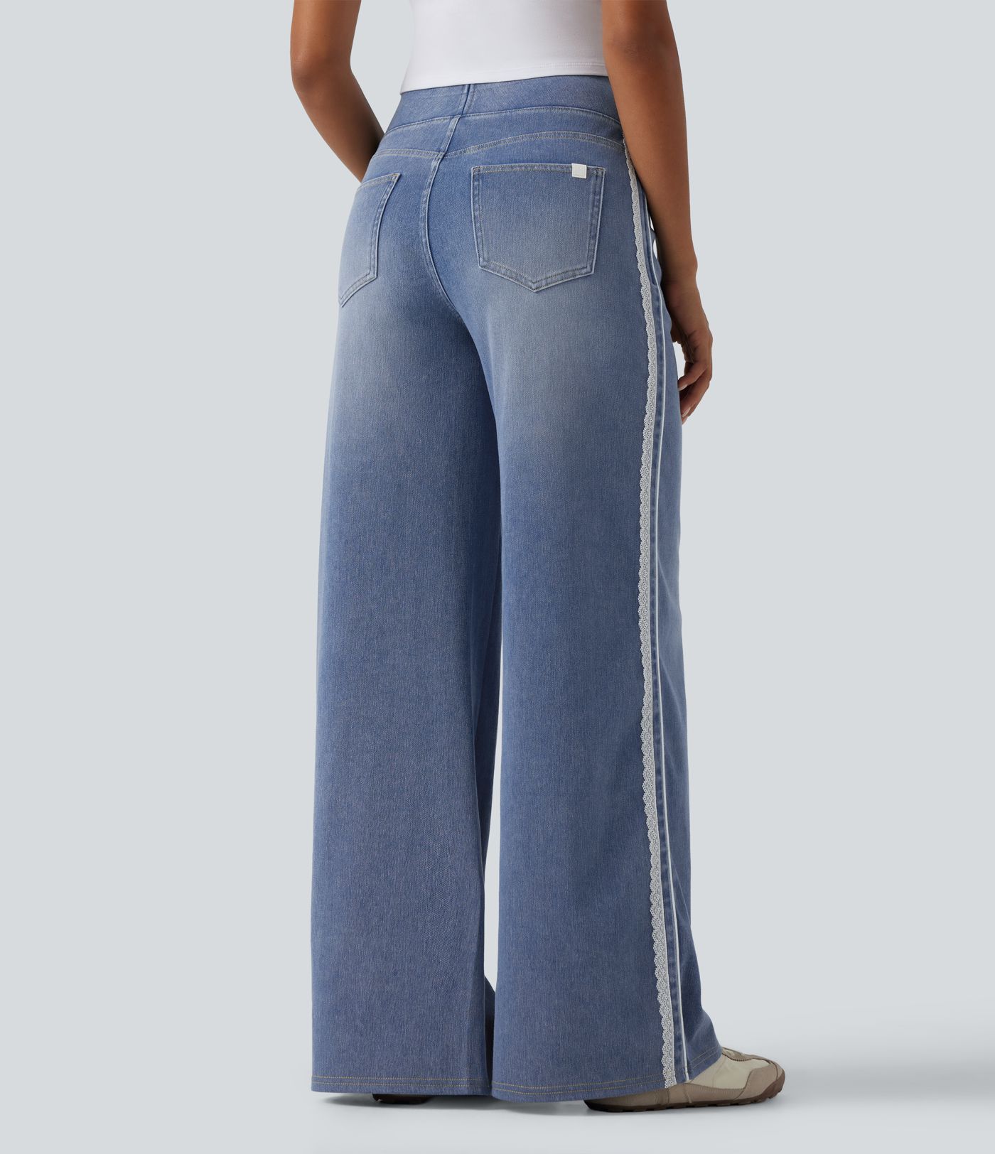 Halara Flex™ High Waisted Wide Leg Contrast Lace Casual Cotton Jeans with Pockets