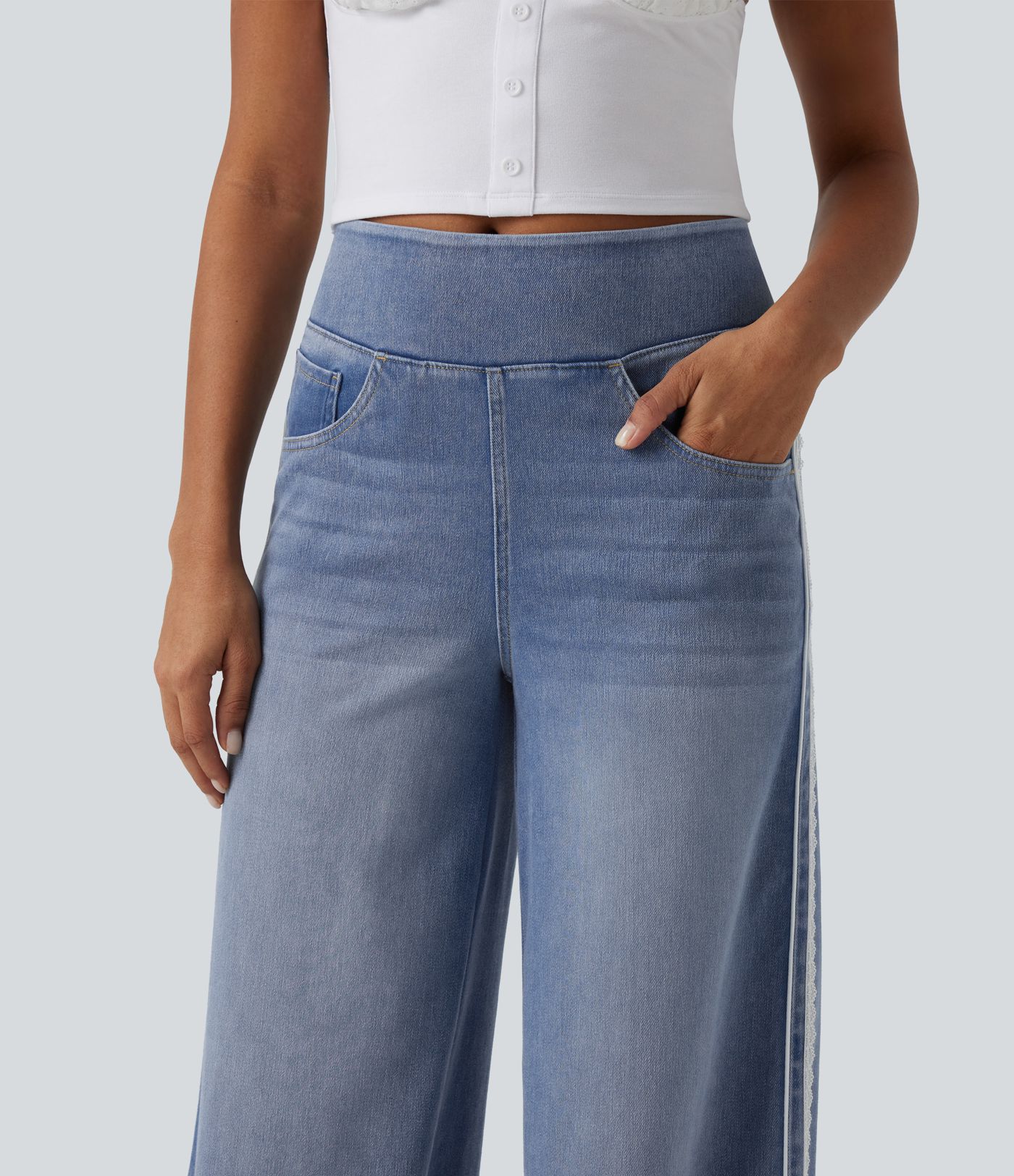 Halara Flex™ High Waisted Wide Leg Contrast Lace Casual Cotton Jeans with Pockets