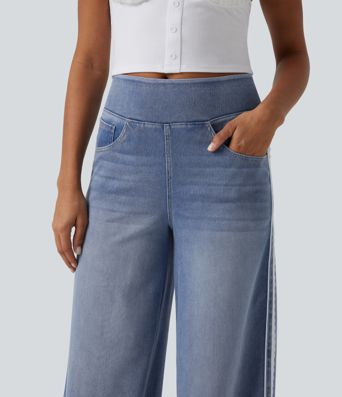 Halara Flex™ High Waisted Wide Leg Contrast Lace Casual Cotton Jeans with Pockets