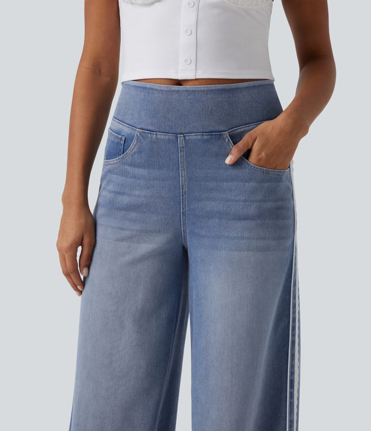 Halara Flex™ High Waisted Wide Leg Contrast Lace Casual Cotton Jeans with Pockets