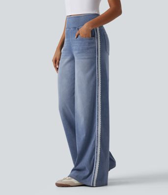 Halara Flex™ jean décontracté en coton, taille haute, jambe large, avec dentelle contrastée et poches