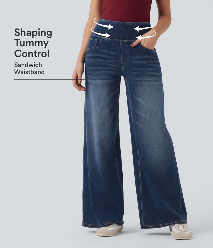 Estate Blue Denim Halara Flex™ Mid Rise Tummy Control Women Casual Baggy Denim Jeans with Pockets / 1