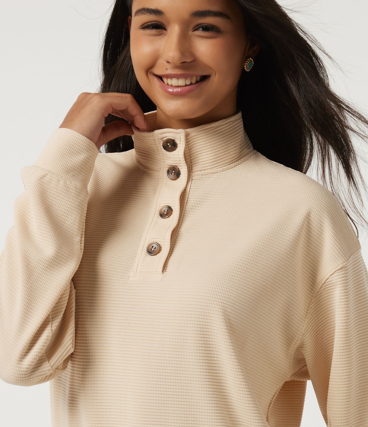 Mock Neck Long Sleeve Waffle Casual Sweatshirt